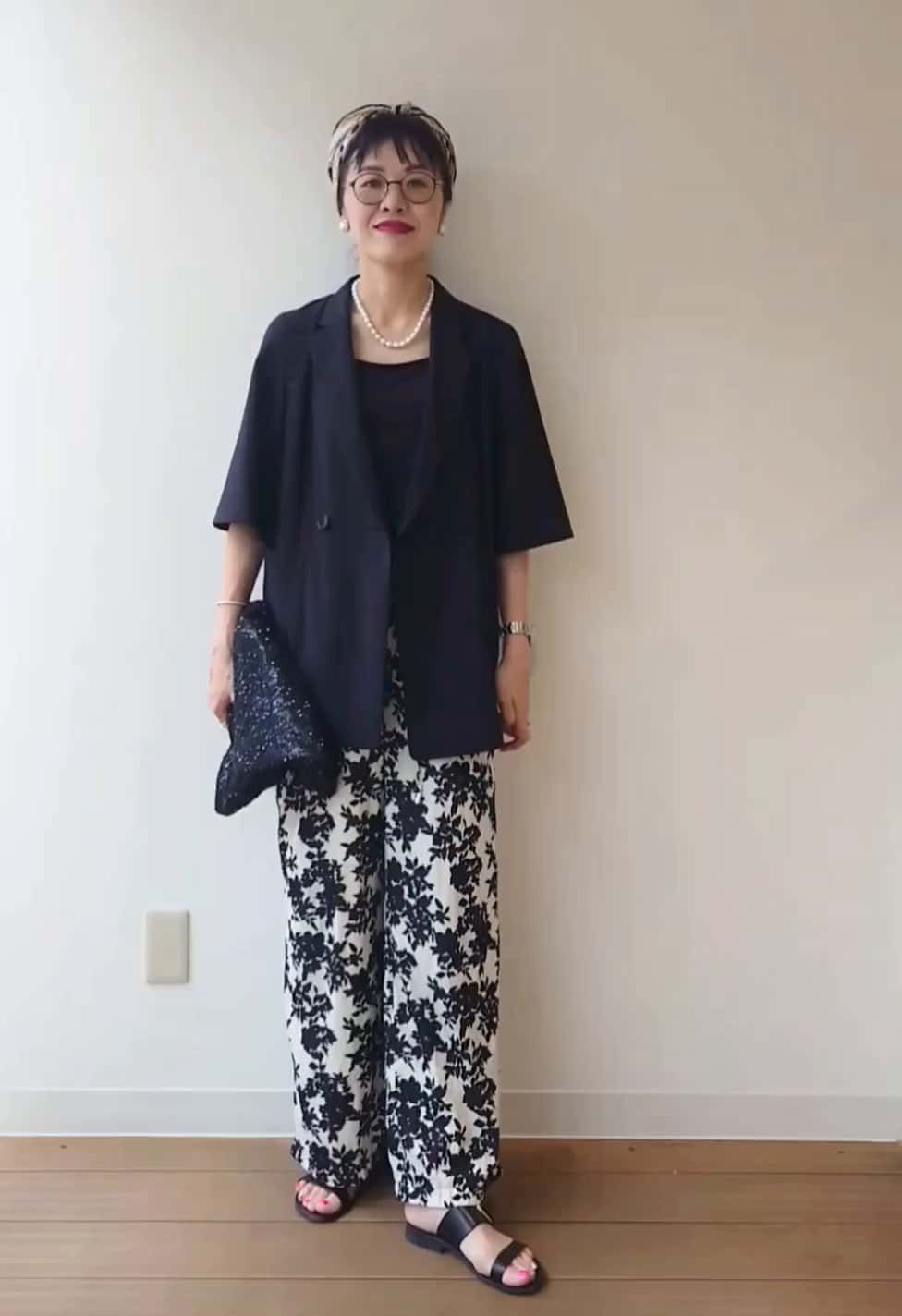 ウエストゴム/ワイド/柄】モノトーンフラワーパンツ（フルレングス