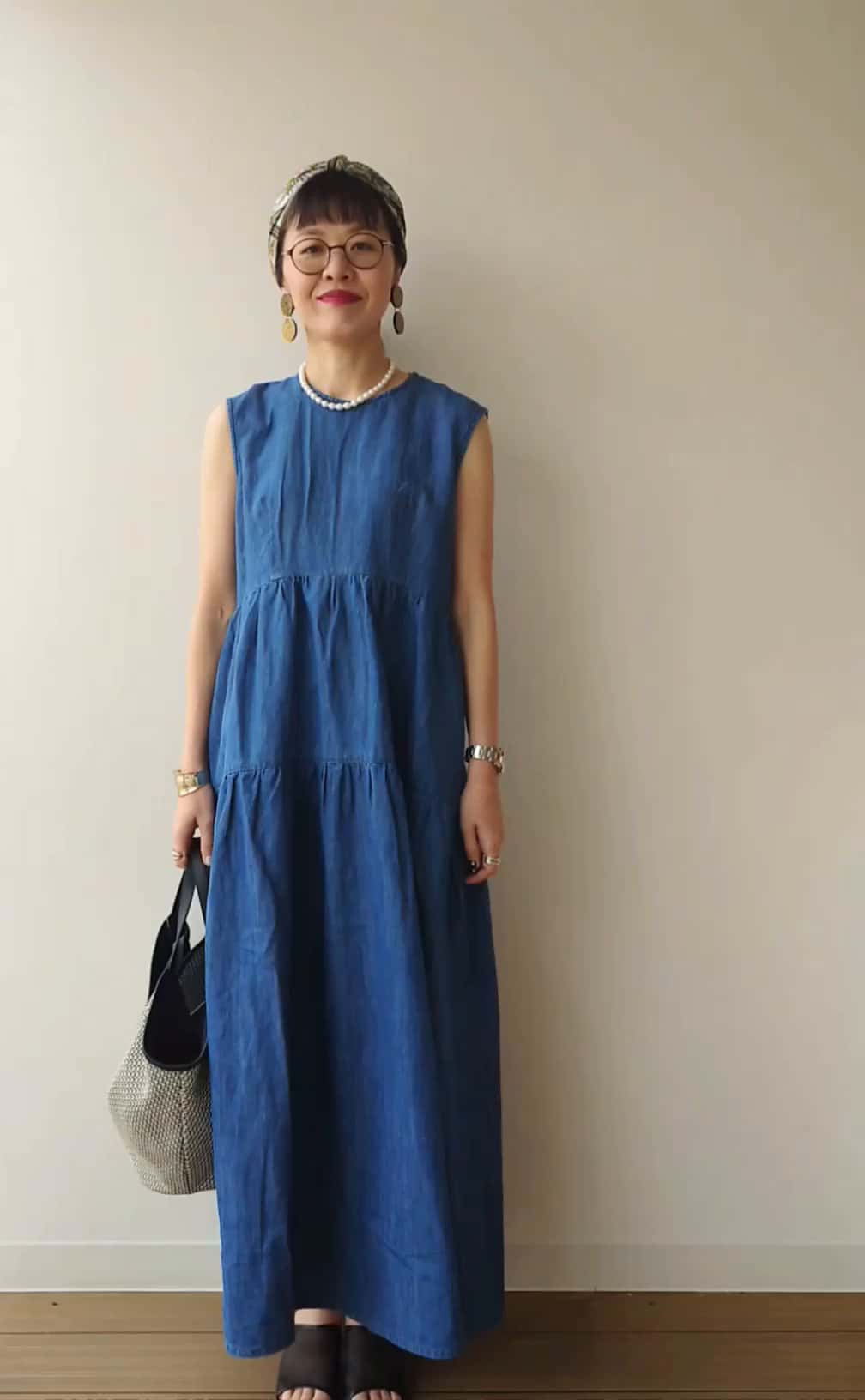 Jines デニムギャザーティアードワンピース　ロング　ブルー青　ノースリーブ AZUL BY MOUSSY ロングデニムワンピース L/BLU1 -ファッション