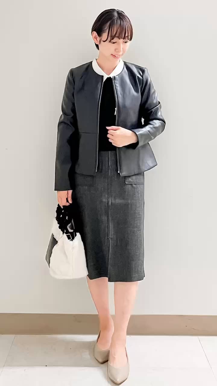 ブラックレザーペプラムジャケット フリーサイズ レザー調ストレッチペプラムジャケット【洗える】（ノーカラー