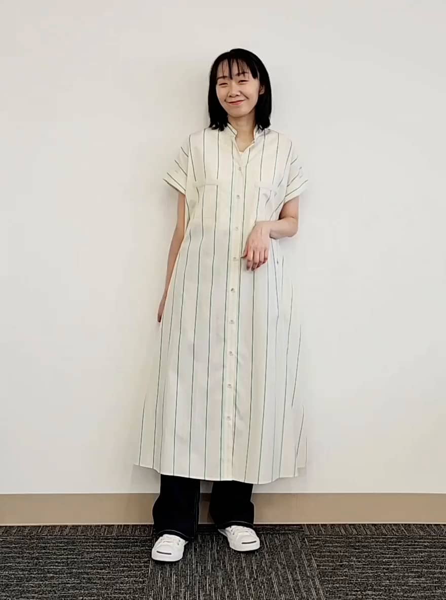 洗える】バンドカラーシャツワンピース（S～L）（マキシ・ロング